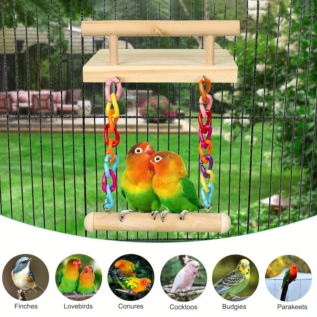Bird Swing Parrot Cage Toy Wooden Swing with Beads and Bells Hanging Play - Bead Swing with Bells