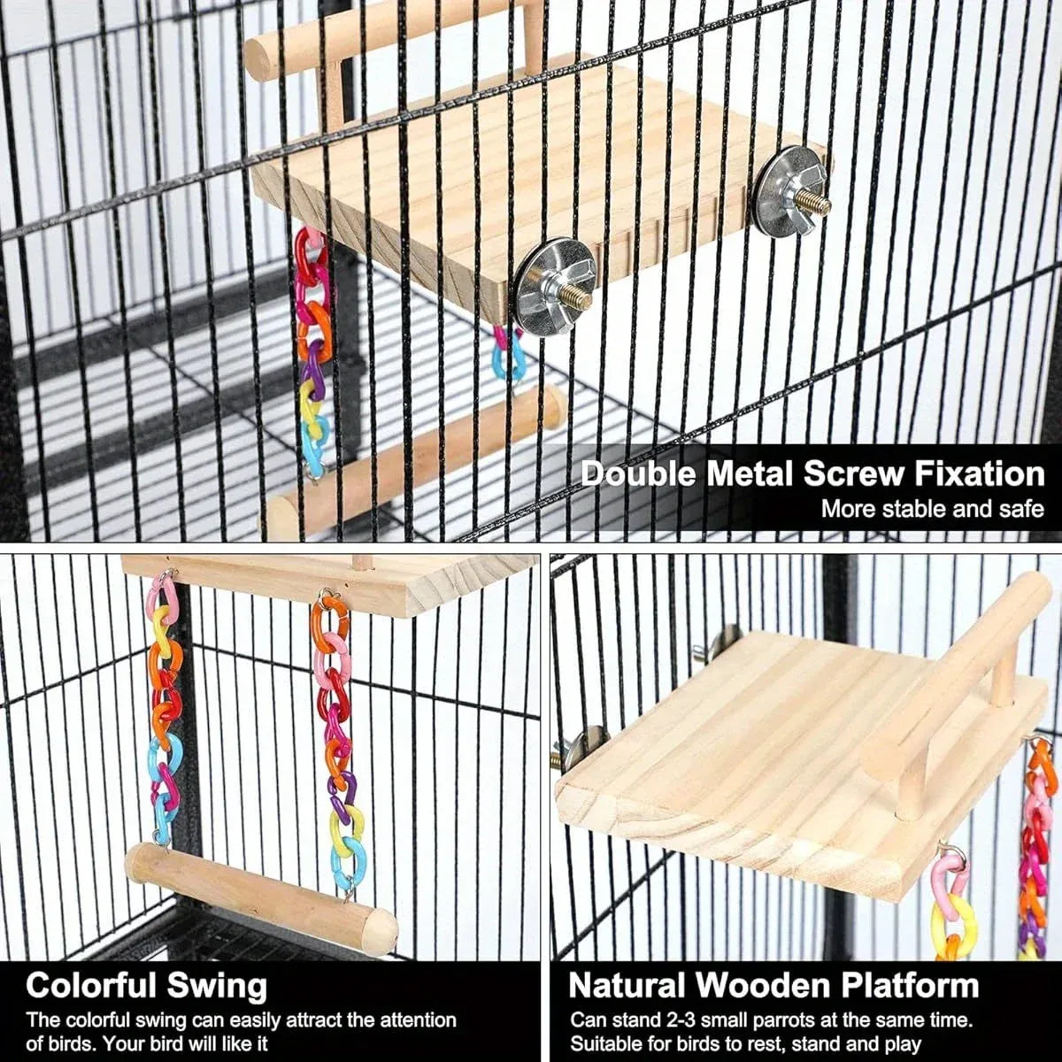 Bird Swing Parrot Cage Toy Wooden Swing with Beads and Bells Hanging Play - Bead Swing with Bells