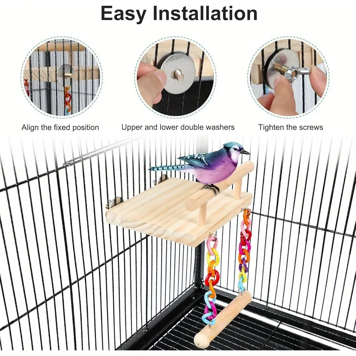 Bird Swing Parrot Cage Toy Wooden Swing with Beads and Bells Hanging Play - Bead Swing with Bells