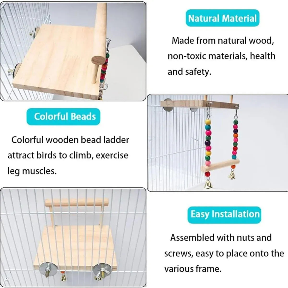 Bird Swing Parrot Cage Toy Wooden Swing with Beads and Bells Hanging Play - Bead Swing with Bells