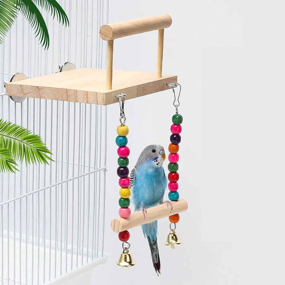 Bird Swing Parrot Cage Toy Wooden Swing with Beads and Bells Hanging Play - Bead Swing with Bells