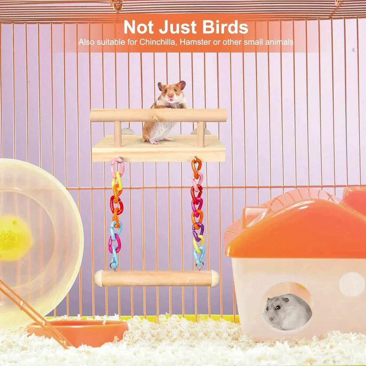 Bird Swing Parrot Cage Toy Wooden Swing with Beads and Bells Hanging Play - Bead Swing with Bells
