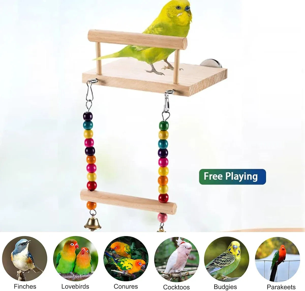 Bird Swing Parrot Cage Toy Wooden Swing with Beads and Bells Hanging Play - Bead Swing with Bells