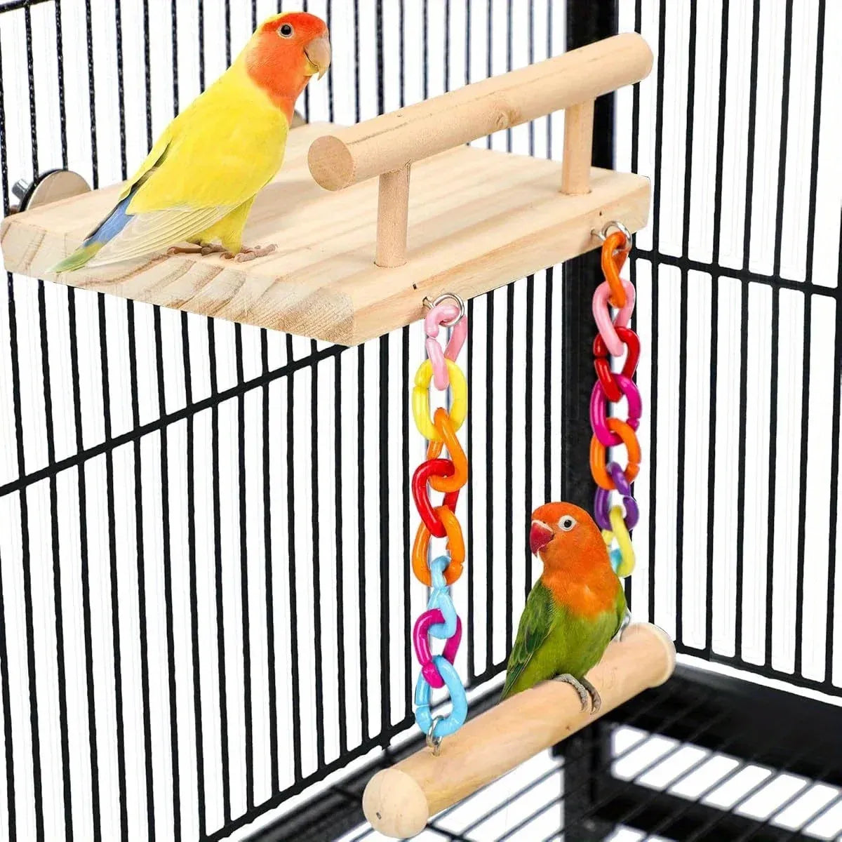 Bird Swing Parrot Cage Toy Wooden Swing with Beads and Bells Hanging Play - Bead Swing with Bells