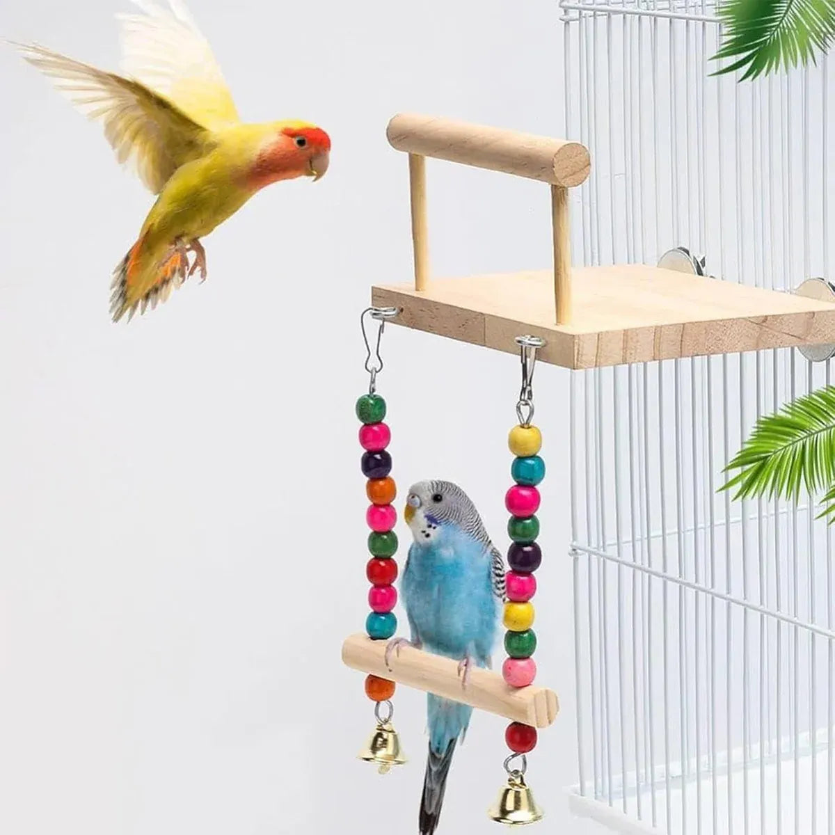 Bird Swing Parrot Cage Toy Wooden Swing with Beads and Bells Hanging Play - Bead Swing with Bells