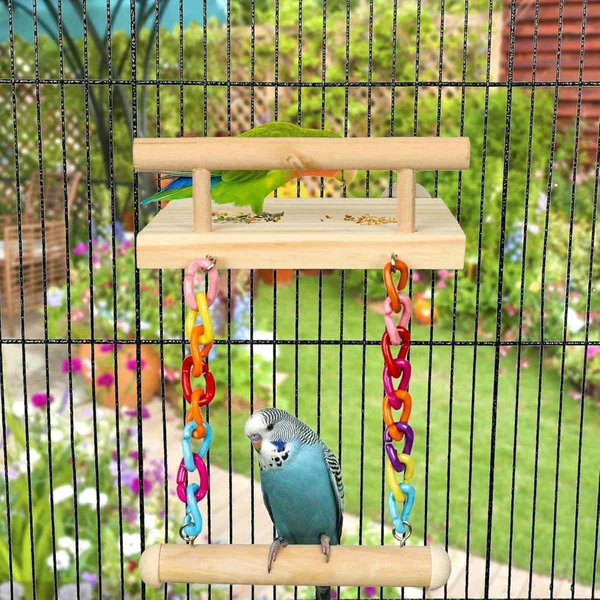 Bird Swing Parrot Cage Toy Wooden Swing with Beads and Bells Hanging Play - Chain Swing