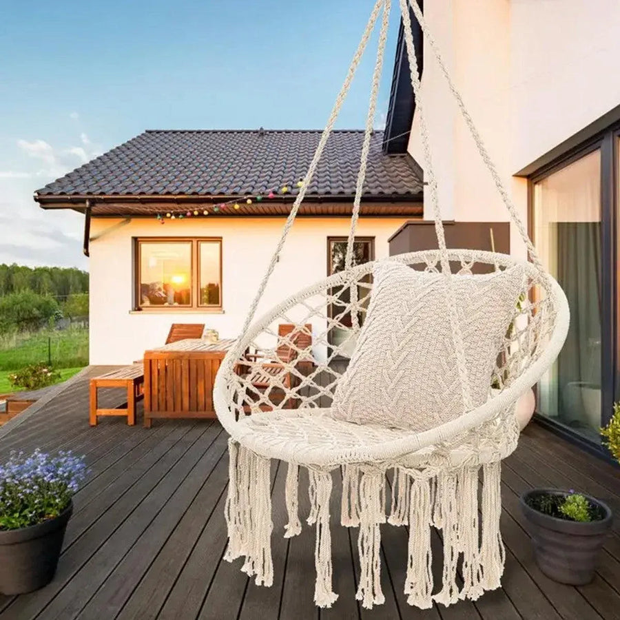 Beige Hanging Chair with Tassels and Two Rings - 1 Piece