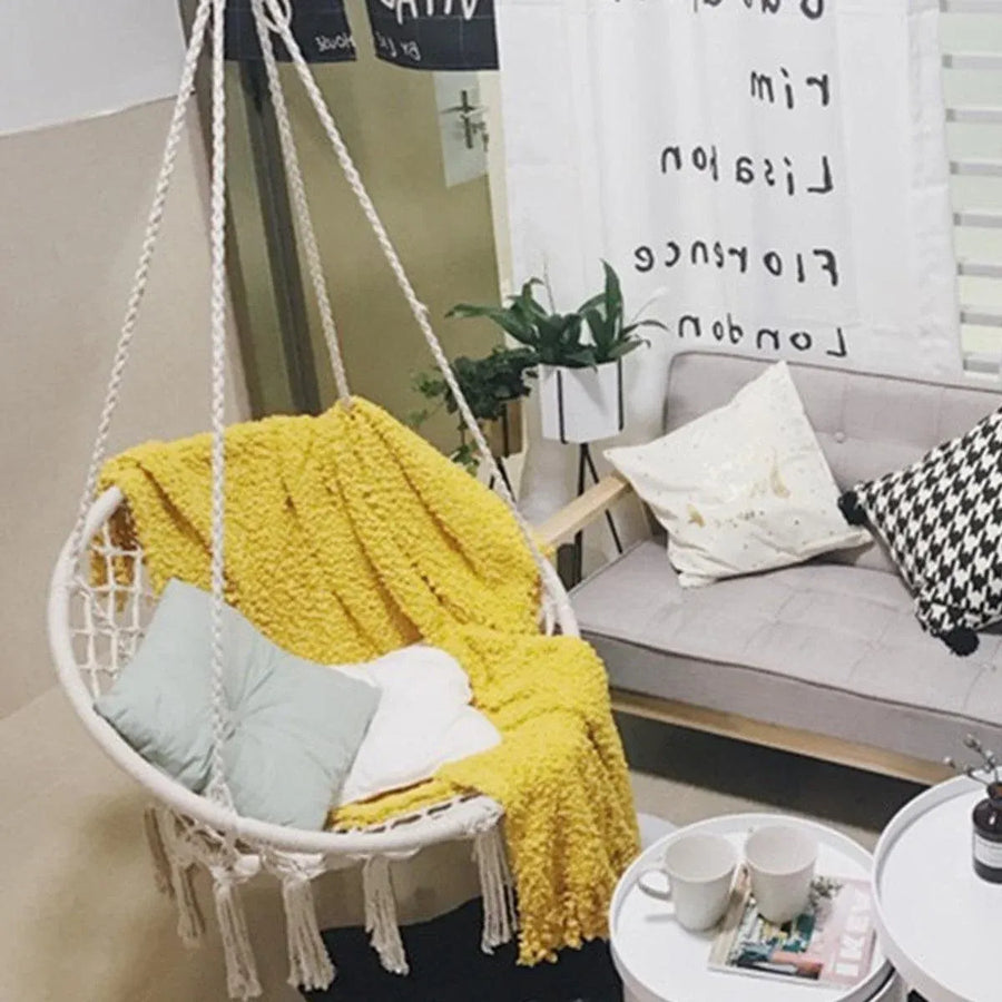 Beige Hanging Chair with Tassels and Two Rings - 1 Piece