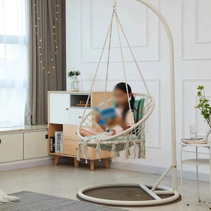 Beige Hanging Chair with Tassels and Two Rings - 1 Piece