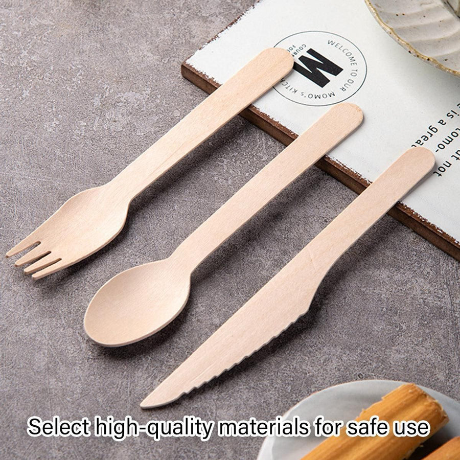 Degradable Wooden Cutlery Set 100pcs Disposable Spoons Forks Knives for Dessert