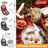 10/20PCS Camping Cutlery Set Outdoor Picnic Utensils Plates Spoons Forks Knives - Black-2 People - Front View