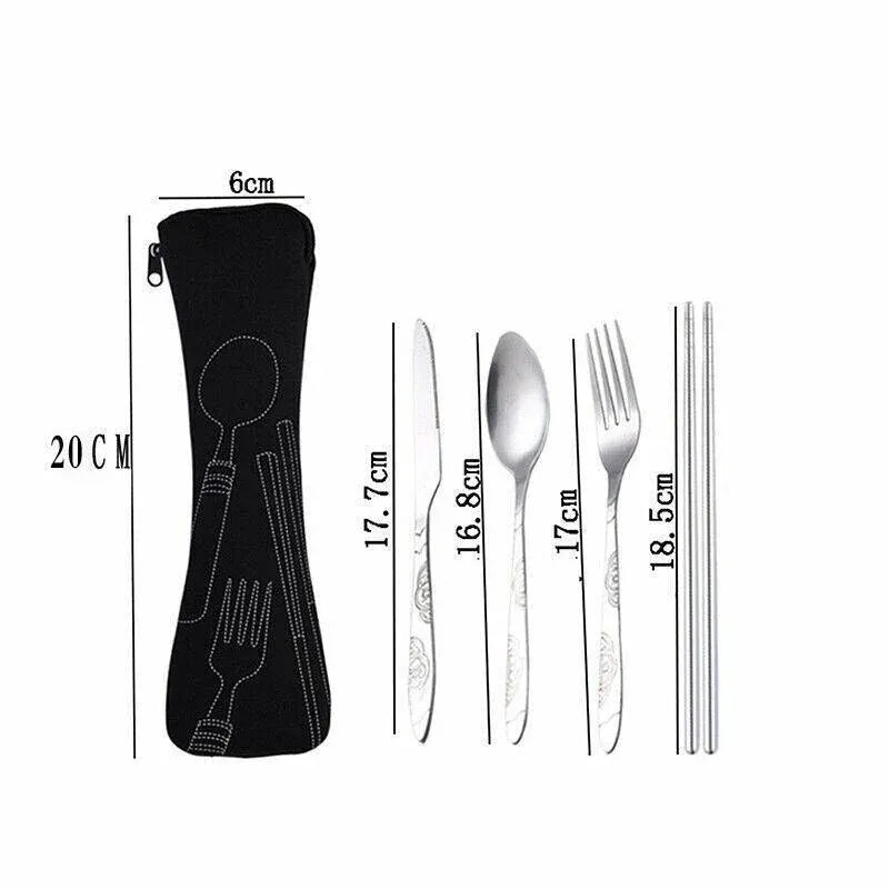 4 Pcs Cutlery Travel Knife Fork Portable Bag Stainless Steel Spoon Chopstick Set