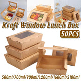 50pcs Kraft Paper Take Out Box Salad Fried Chicken Lunch Box Open Window - 1600ml