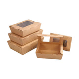 50pcs Kraft Paper Take Out Box Salad Fried Chicken Lunch Box Open Window - 1600ml - Front View