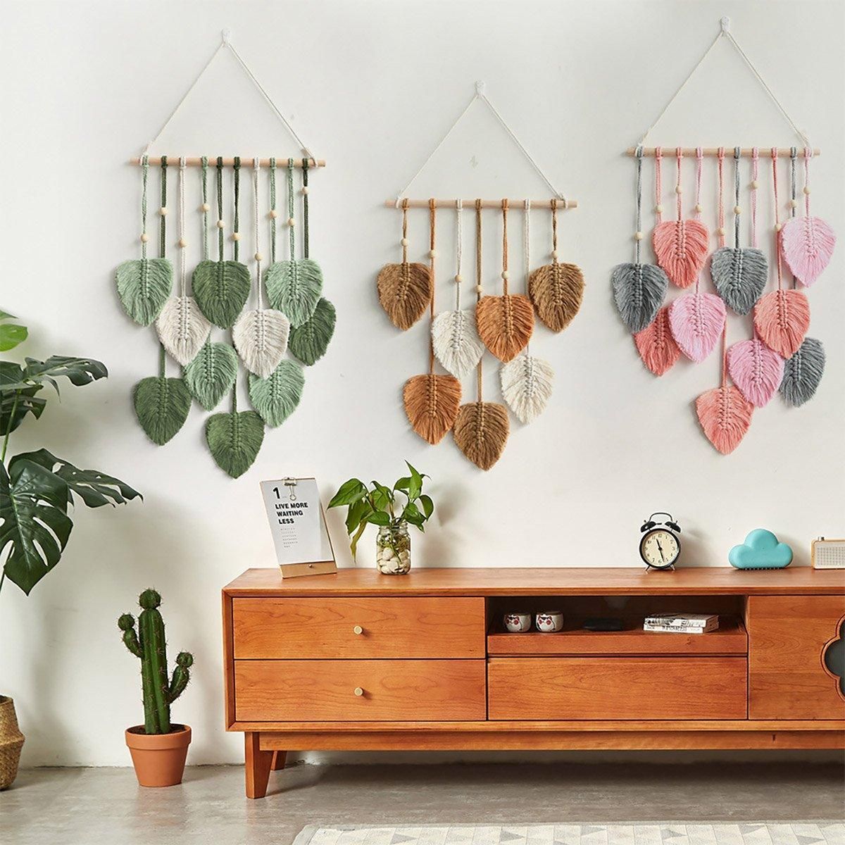 Handmade Braided Cotton Rope Leaves Wall Hanging Home Decoration Ornament - Khaki