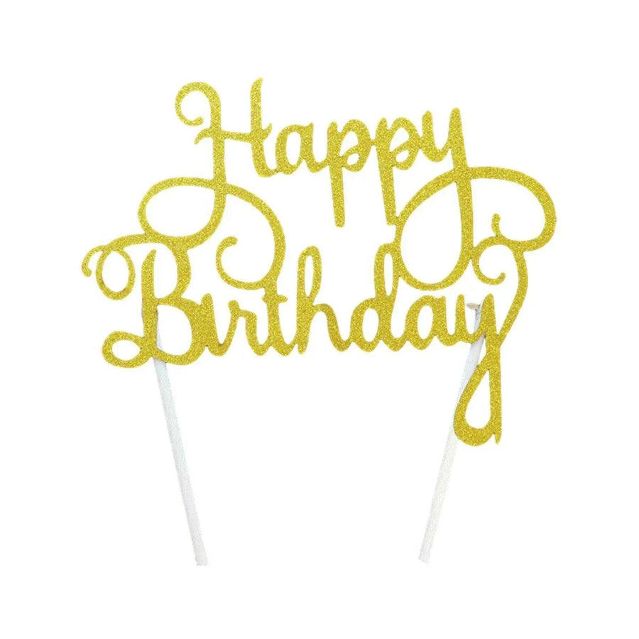 Happy Birthday Cake Topper Colour Printed Acrylic Party Decorations - Gold-Thin Line