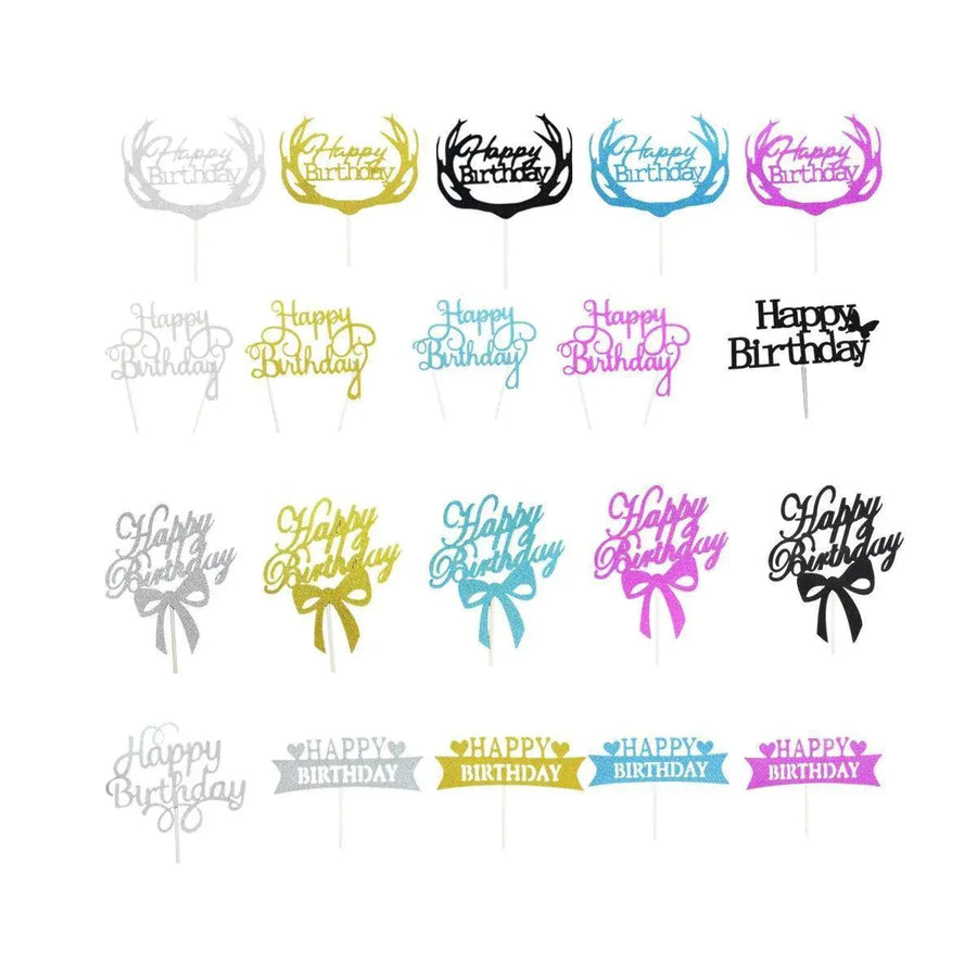 Happy Birthday Cake Topper Colour Printed Acrylic Party Decorations - Gold-Thin Line