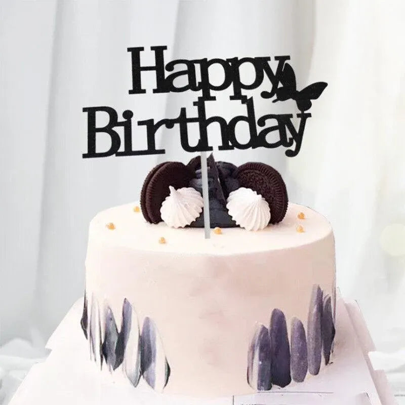 Happy Birthday Cake Topper Colour Printed Acrylic Party Decorations - Gold-Thin Line