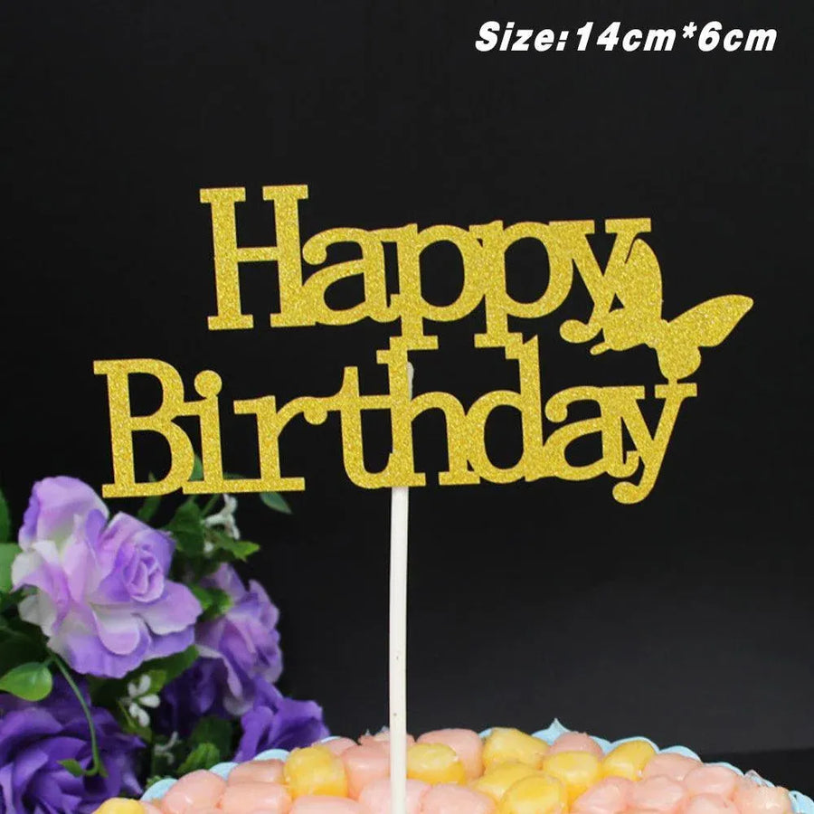 Happy Birthday Cake Topper Colour Printed Acrylic Party Decorations - Gold-Thin Line