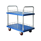 2 Tier Silent Flatbed Trolley with Double Handle for Moving Warehouse Transport - Front View