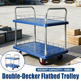 2 Tier Silent Flatbed Trolley with Double Handle for Moving Warehouse Transport - Top-Down View