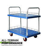 2 Tier Silent Flatbed Trolley with Double Handle for Moving Warehouse Transport - Rear View