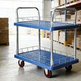 2 Tier Silent Flatbed Trolley with Double Handle for Moving Warehouse Transport - Close-Up Angle