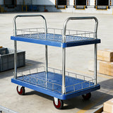 2 Tier Silent Flatbed Trolley with Double Handle for Moving Warehouse Transport - Low Angle