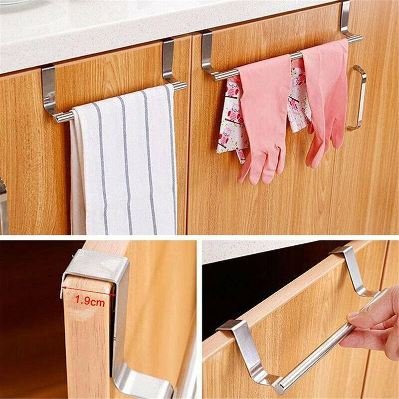 Stainless Steel Over Door Towel Rack Cupboard Hanging Rail for Kitchen Bathroom - 36CM