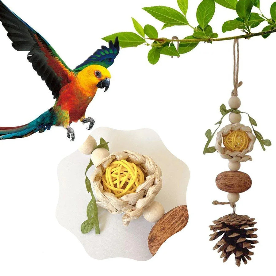 1-Piece Hanging Parrot Chew Toy with Pinecone and Woven Ball