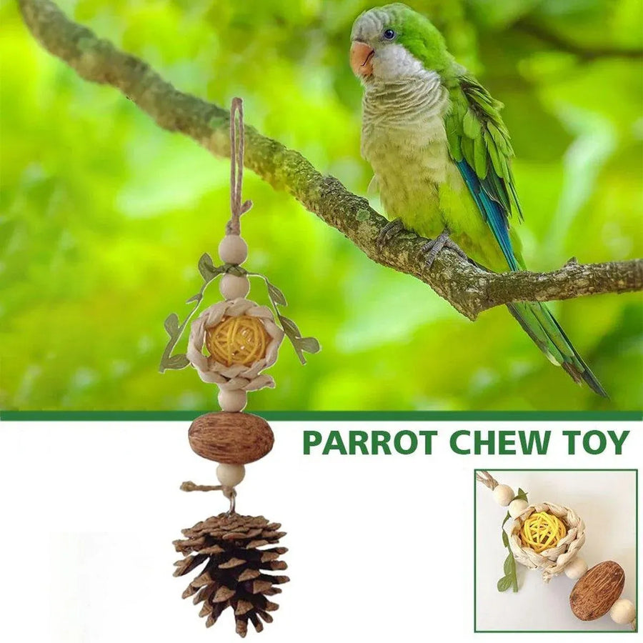 1-Piece Hanging Parrot Chew Toy with Pinecone and Woven Ball