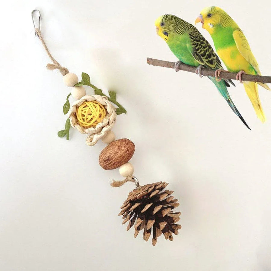 1-Piece Hanging Parrot Chew Toy with Pinecone and Woven Ball