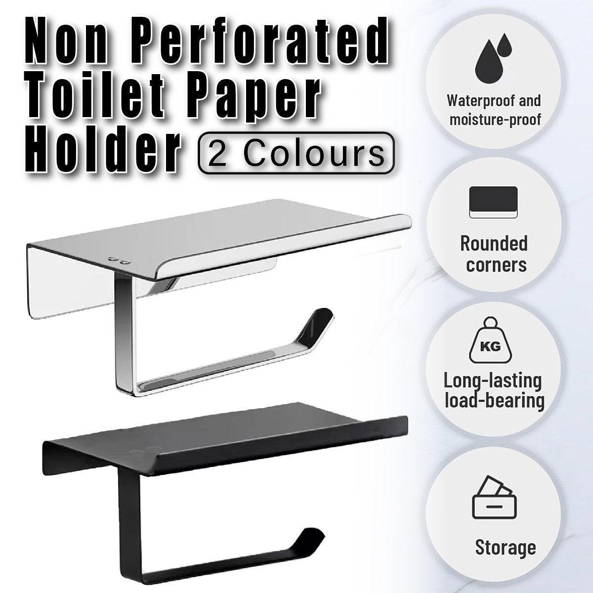 304 Stainless Steel Toilet Paper Holder Non-perforated Roll with Phone Rack - Black
