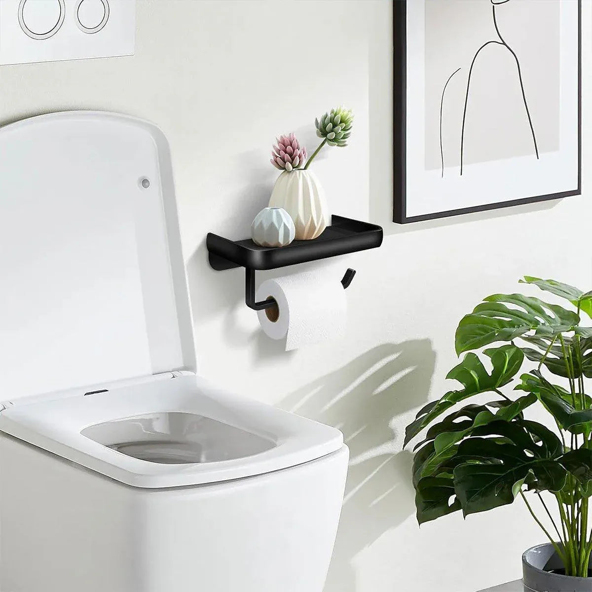 Wall Mounted Aluminum Toilet Paper Holder Non-perforated Tissue Cell Phone Shelf - Golden