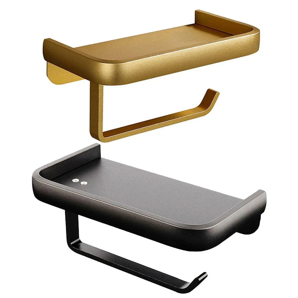 Wall Mounted Aluminum Toilet Paper Holder Non-perforated Tissue Cell Phone Shelf - Golden