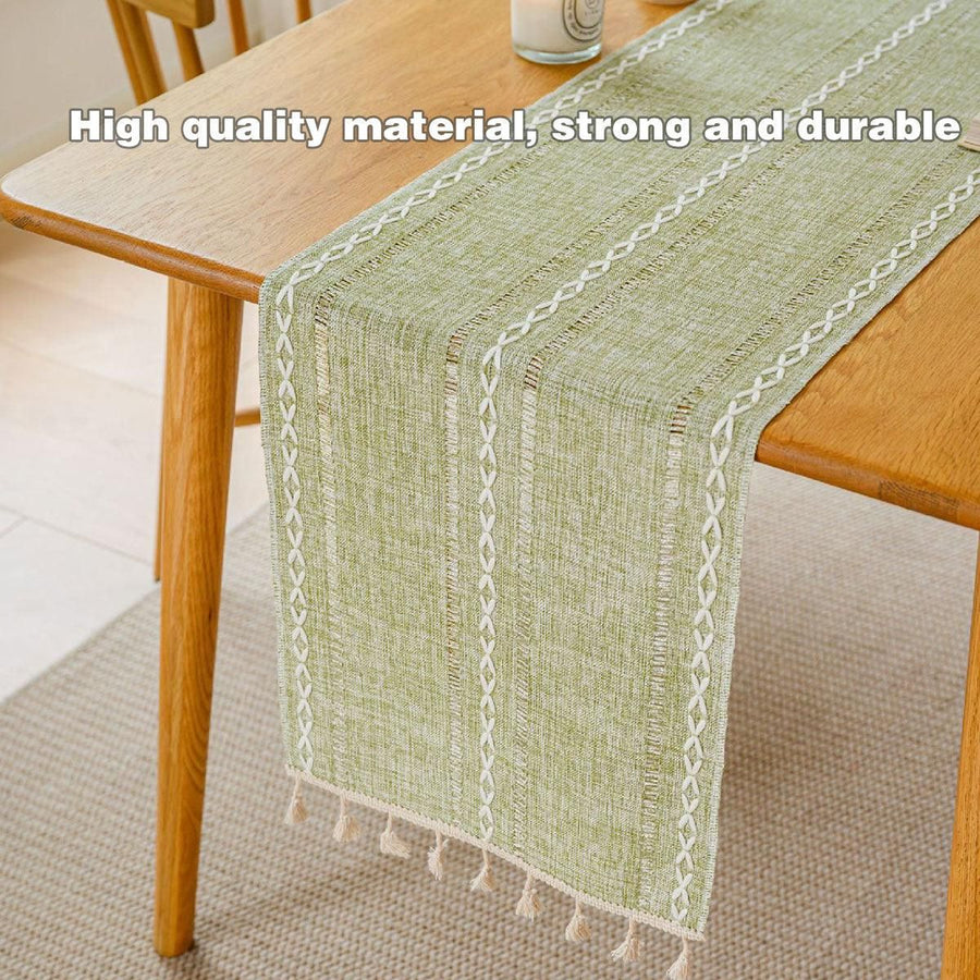 Solid Colour Woven Hollow Fringe Table Runner Home Dining Tablecloth Decoration - 33x183cm-Green