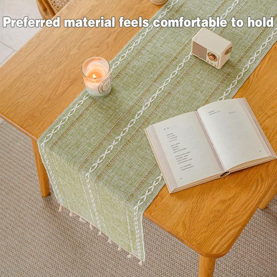 Solid Colour Woven Hollow Fringe Table Runner Home Dining Tablecloth Decoration - 33x183cm-Green