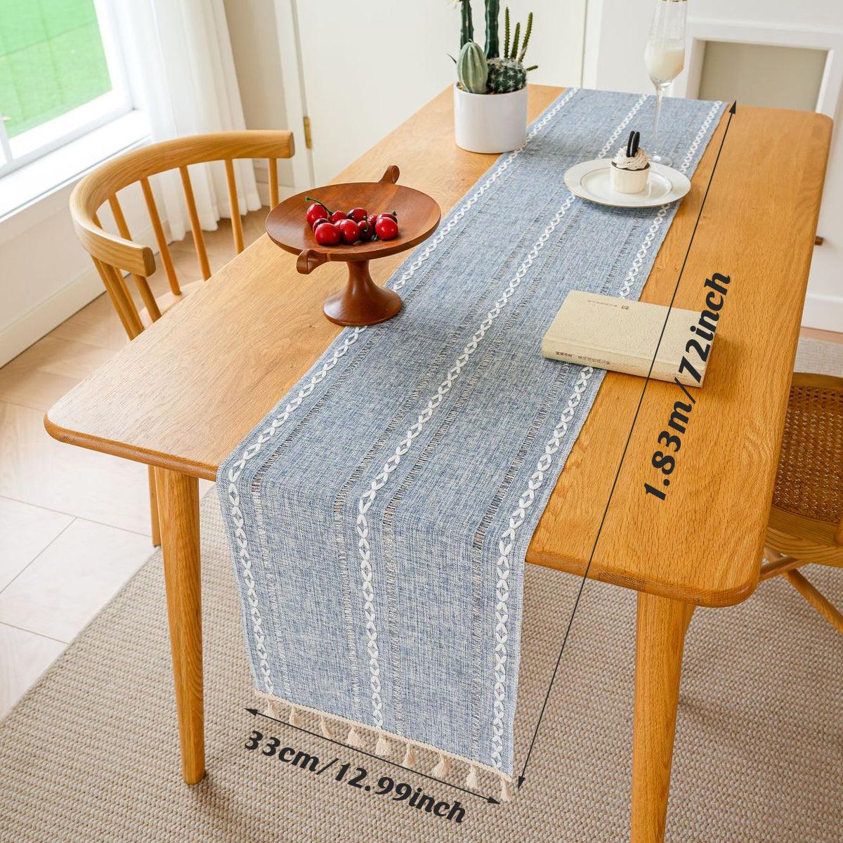 Solid Colour Woven Hollow Fringe Table Runner Home Dining Tablecloth Decoration - 33x183cm-Green