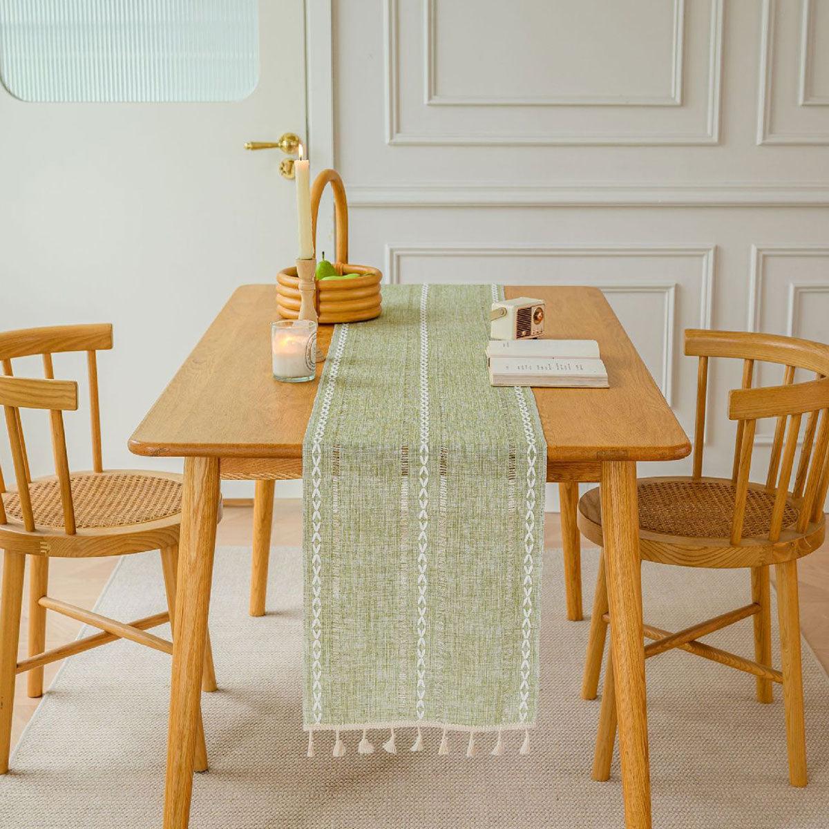 Solid Colour Woven Hollow Fringe Table Runner Home Dining Tablecloth Decoration - 33x183cm-Green