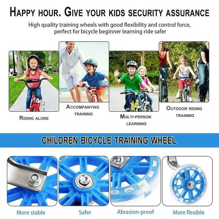 12–20 Inch Bike Training Wheels Flashing PVC Silent Stabilizer Auxiliary Support - Black