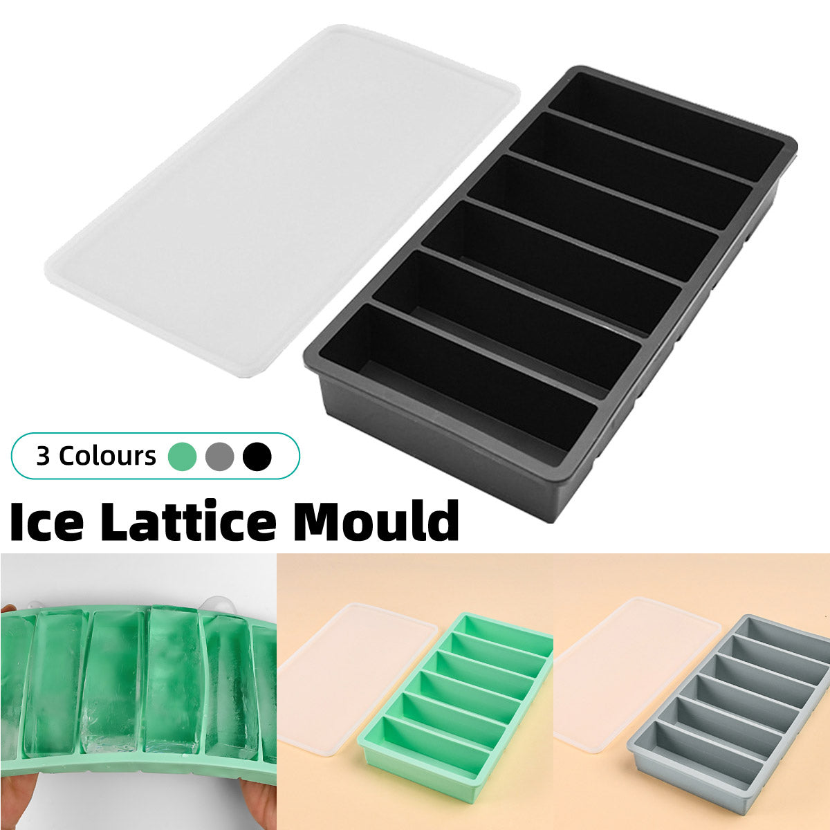Ice Cube Tray Moulds 6 Slots Rectangular with Lids Silicone Butter Freezer Storage - Black