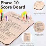 Phase 10 Score Board Wooden Phase 10 Scorecard Reusable for Family Game Tabletop - Top-Down View