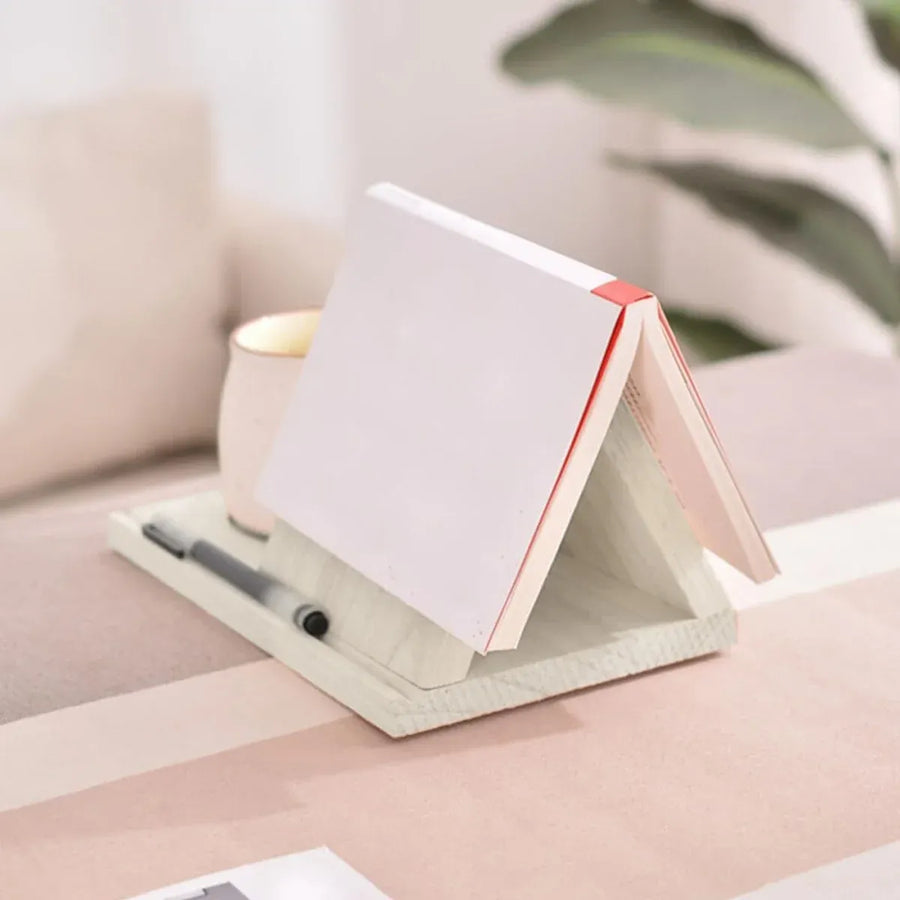 Wooden Small Book Shelf with Drink Glass Pen Holder Triangle Bookmark Book Rest