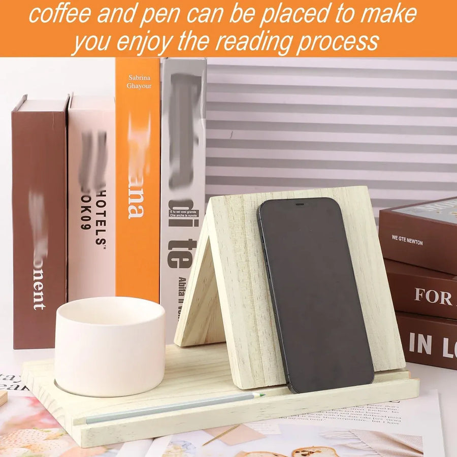 Wooden Small Book Shelf with Drink Glass Pen Holder Triangle Bookmark Book Rest