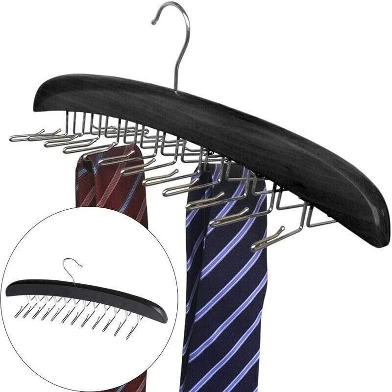 Tie Belt Scarf 24 Hooks Hanger Rack Clip Organiser Holder Storage Wood - Black