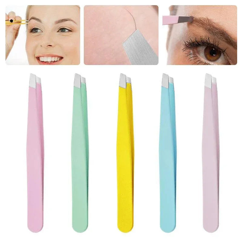 Stainless Steel Hair Eyebrow Tweezers Plucker Puller Beauty Slanted Nail Tip - Yellow