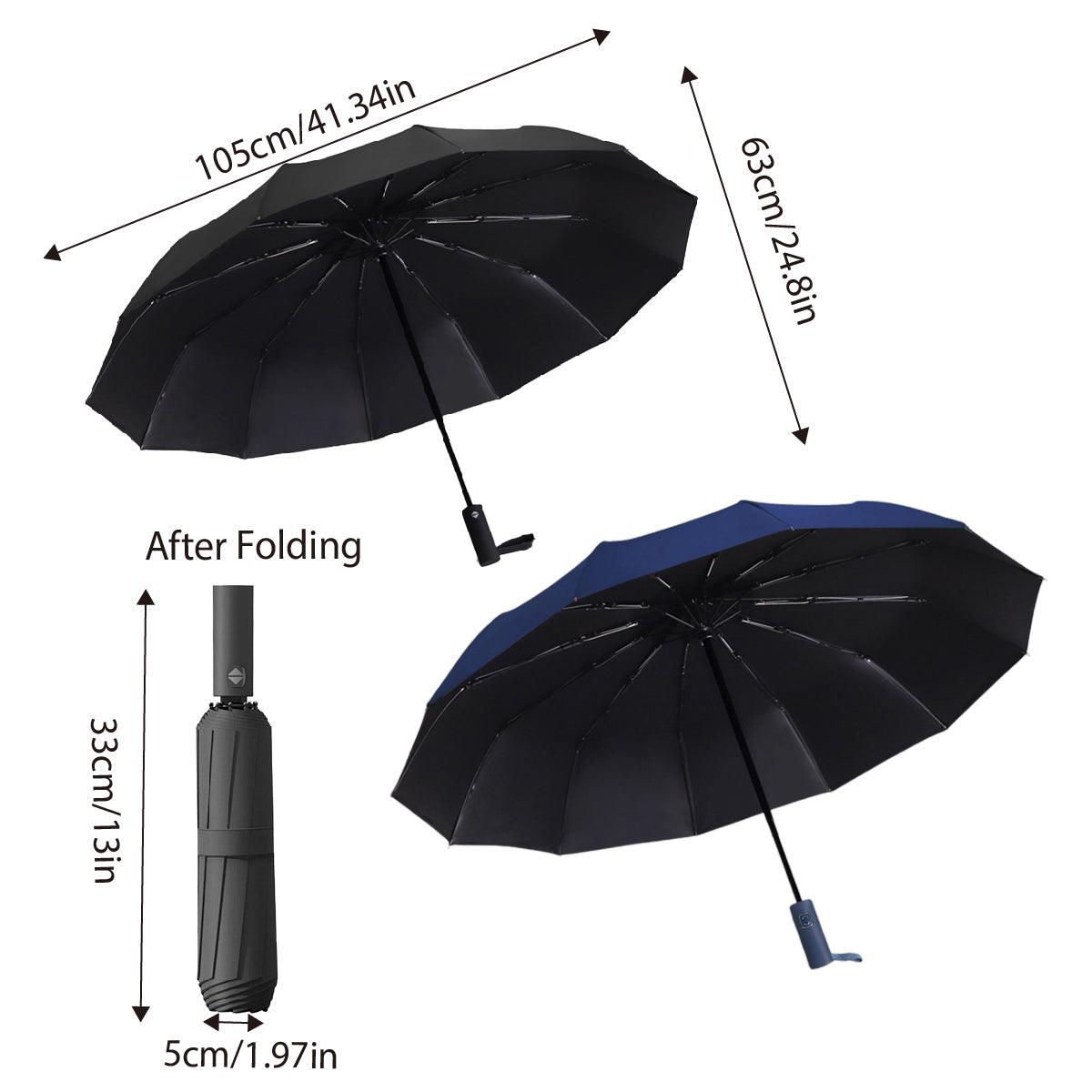 Automatic Folding Umbrella 12-Rib Large Windproof Sunshade for Men and Women - Black