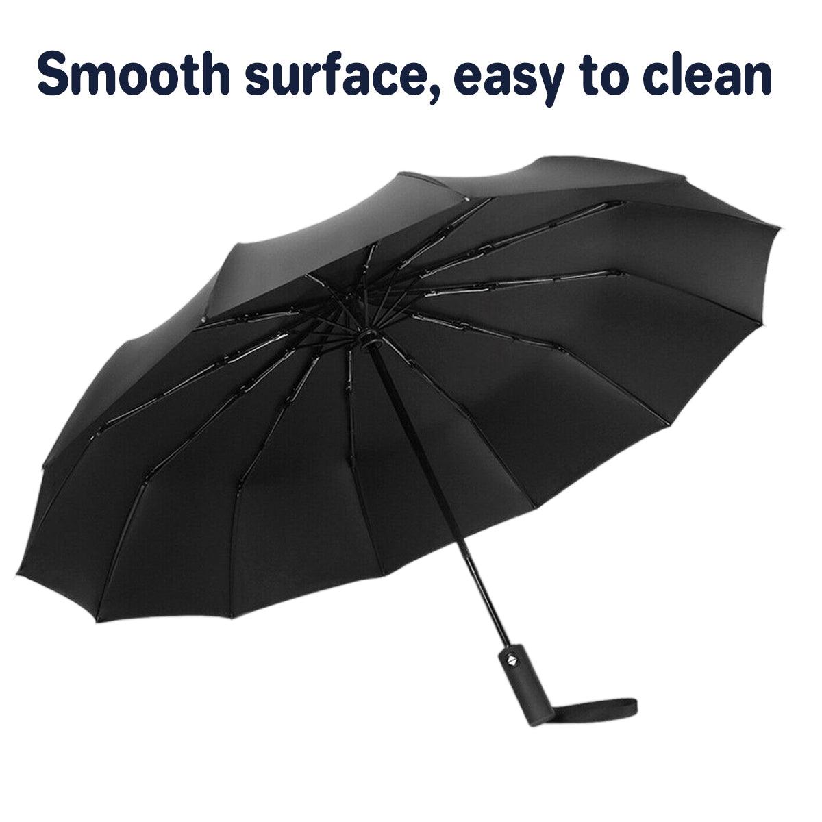 Automatic Folding Umbrella 12-Rib Large Windproof Sunshade for Men and Women - Black