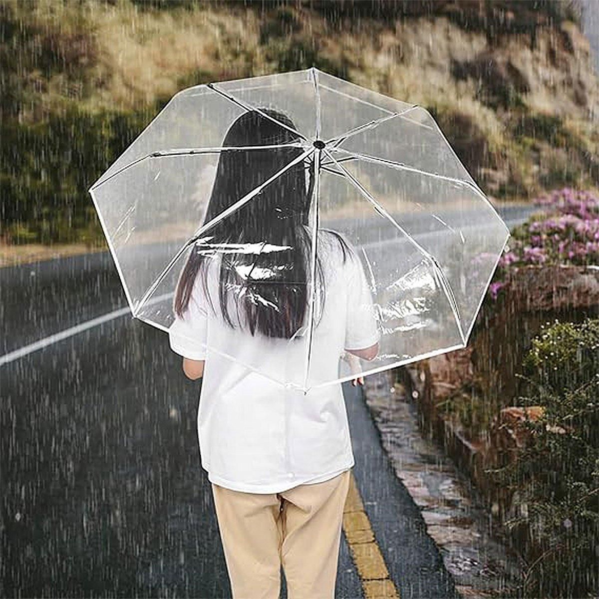 Transparent Folding Umbrella Compact Tri Fold Design Clear Rain Protection Cover - Manually operated-Black