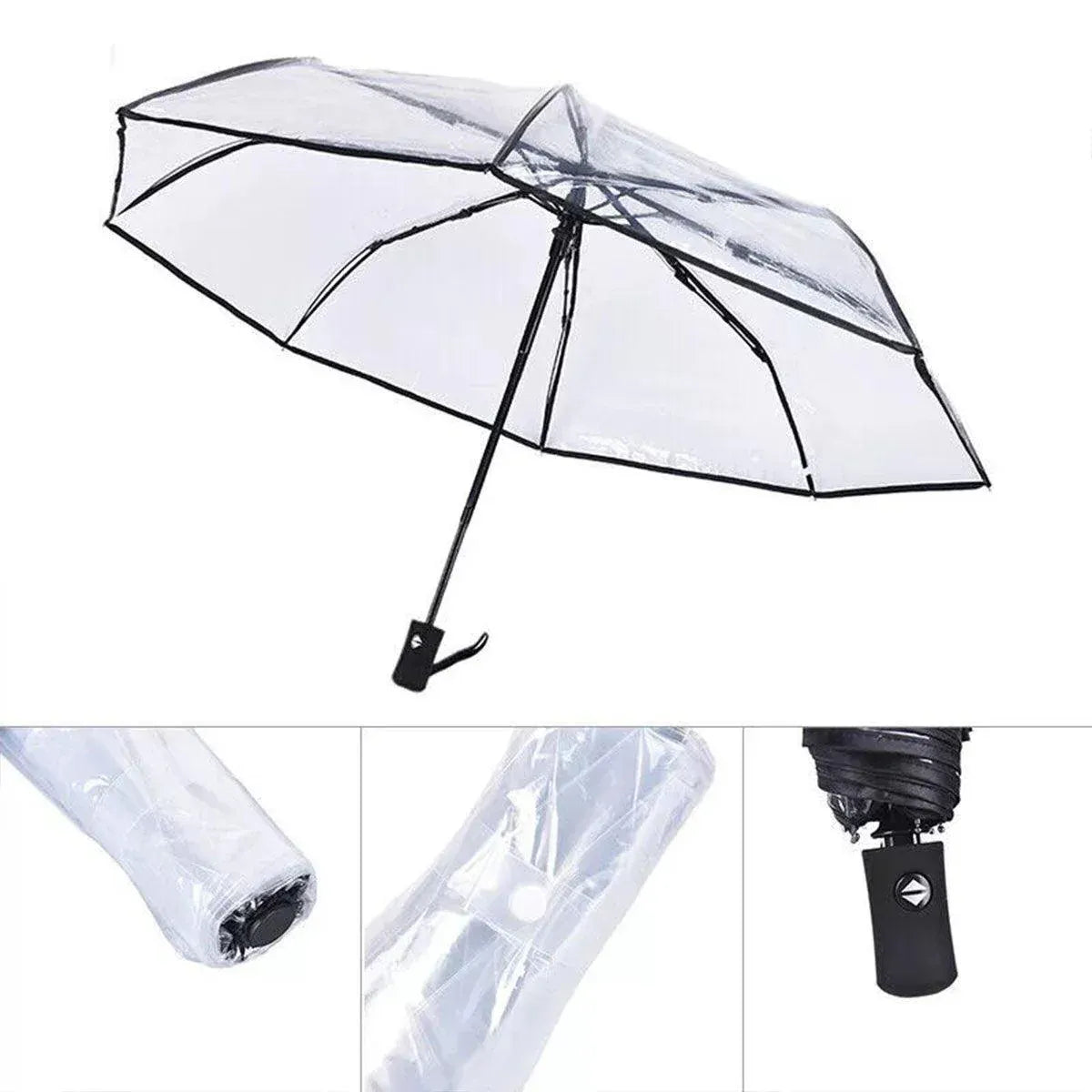 Transparent Folding Umbrella Compact Tri Fold Design Clear Rain Protection Cover - Manually operated-Black